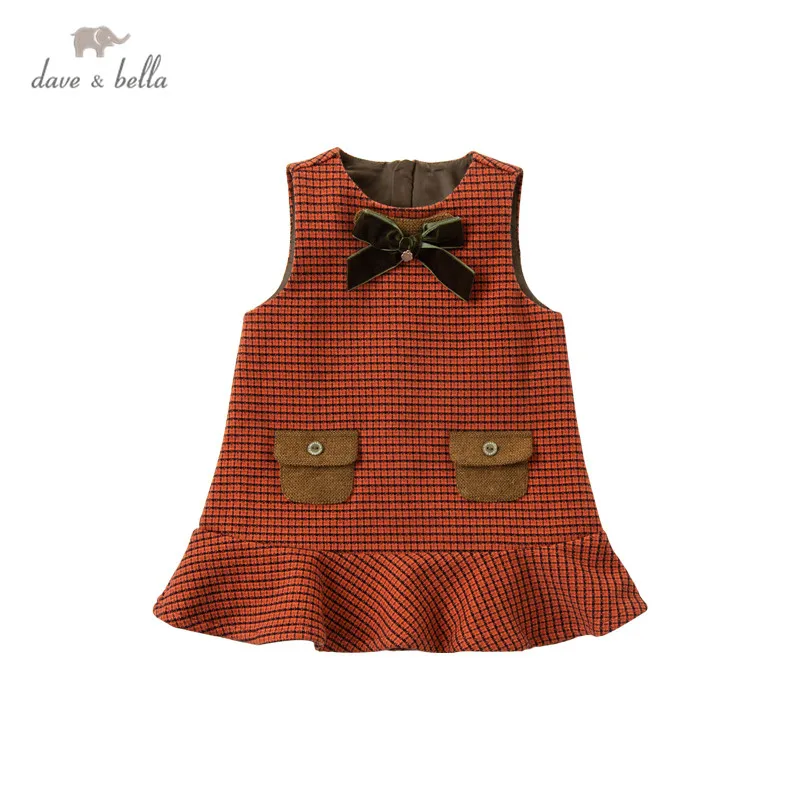 

DB14579 dave bella/зимнее милое платье в клетку со съемным бантом для маленьких девочек модные вечерние платья для детей детская одежда в стиле Лоли...