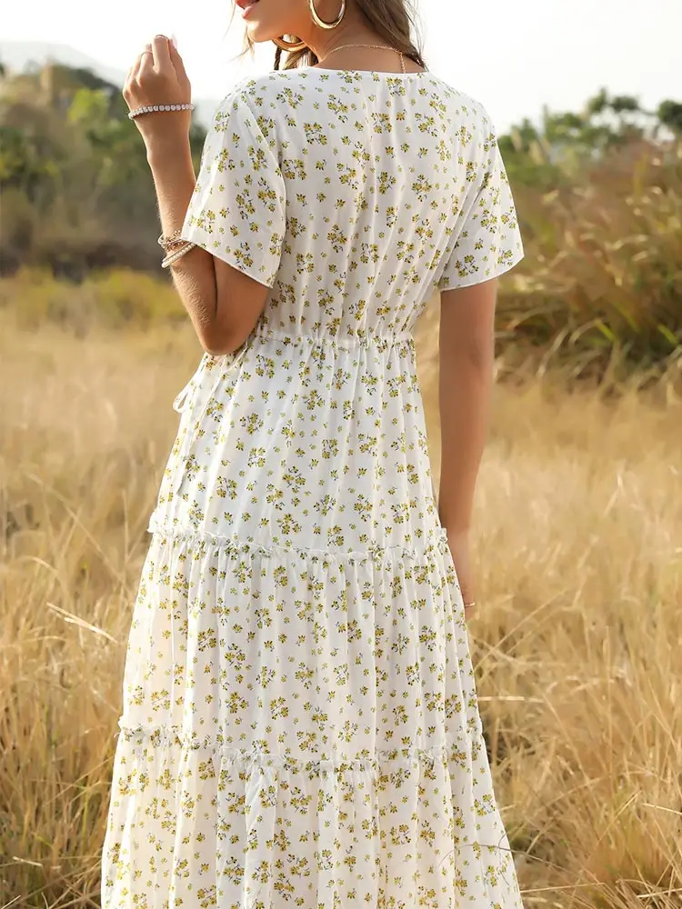 

2020 Summer Beach Maxi Dress Women Floral Print Boho Long Dress Ruffles Casual Deep V-Neck Split Sexy Party Dress Robe Femme New