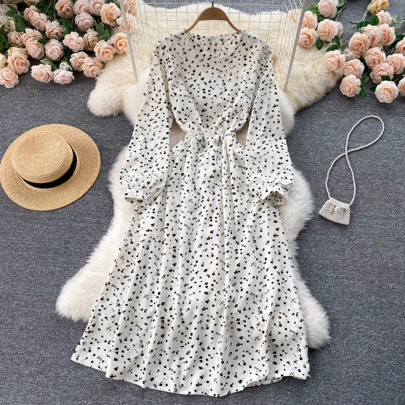 

French Retro Sweet Polka Dot Chiffon Dress Over The Knee Long Dress Floral Gentle Wind Vintage Puff Sleeve Female Vestidos M623