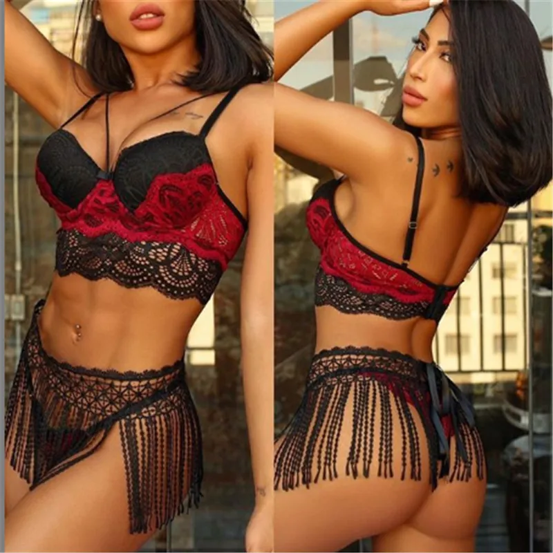 

Women Lingerie Set, Sexy Lace Bra and Fringed Waistband and Panty Three-piece Suit for Honeymoon Wedding Anniversaries