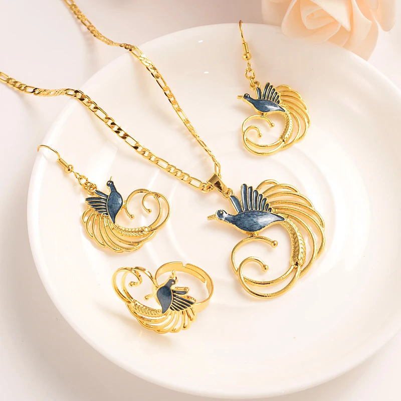 Gold Color PNG Jewellery Set crystal bird Pendant Necklaces Earrings Papua New Guinea Wedding bridal party women girls gifts