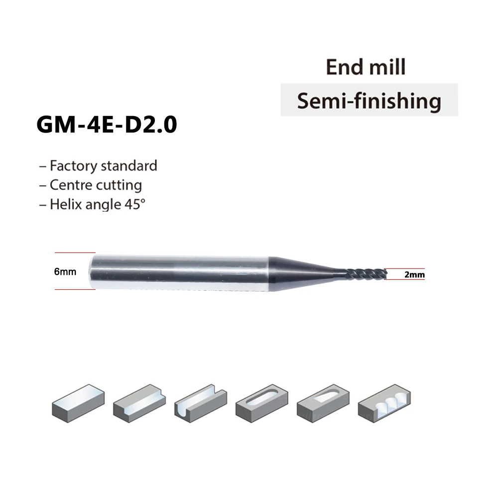 

1pc 2 mm solid carbide end mill GM-4E-D2.0 D2*6d*6H*50L cnc machine milling cutter 6mm shank