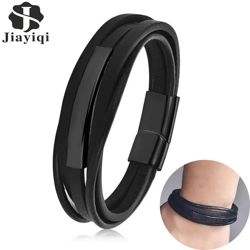 Многослойный кожаный браслет титановая сталь магнитная застежка панк черный