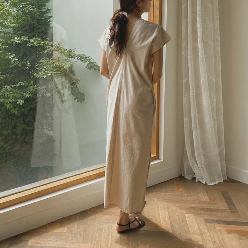 

2021 Summer New Japanese Style Simplicity V-neck Split Fork Casual Loose Solid Color Women's Dress Summer Fashion