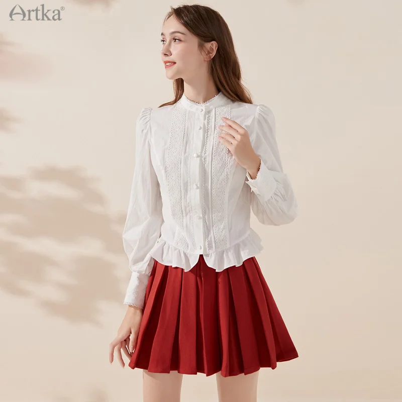 

ARTKA 2022 Spring New Women Blouse 100% Cotton Fashion Elegant Palace Style Stand Collar Shirts Lace Ruffle White Shirt SA20017D