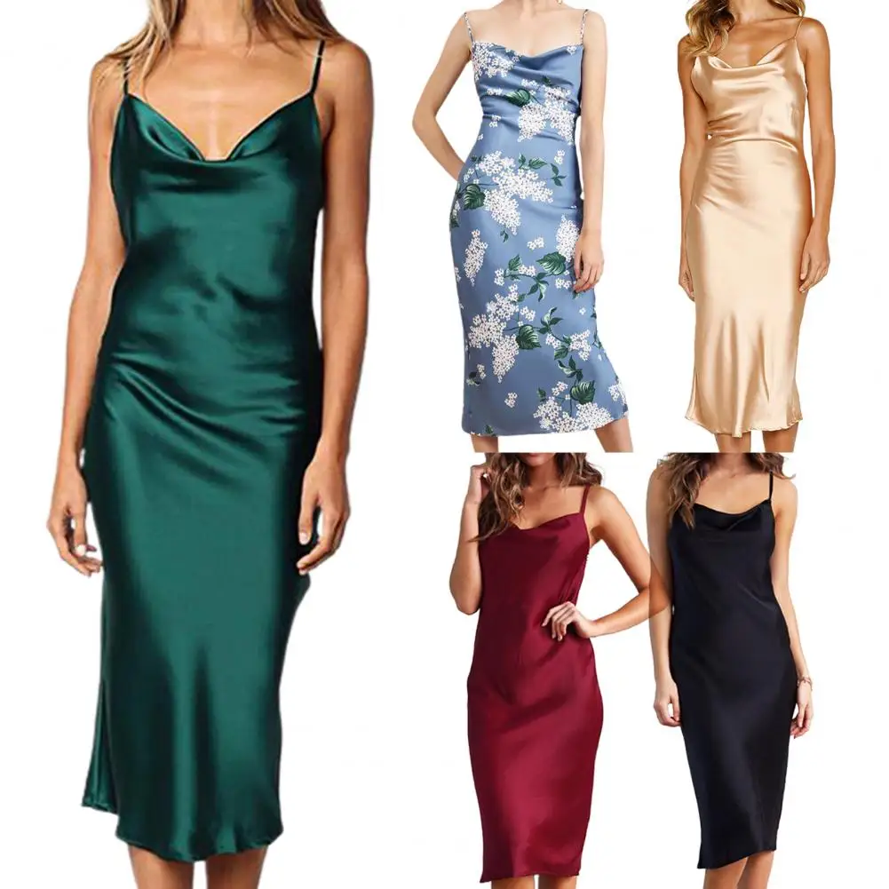 

80% 2021 Hot Sell All-matched Skin-friendly Spaghetti Strap Smooth Sling Dress for Banquet