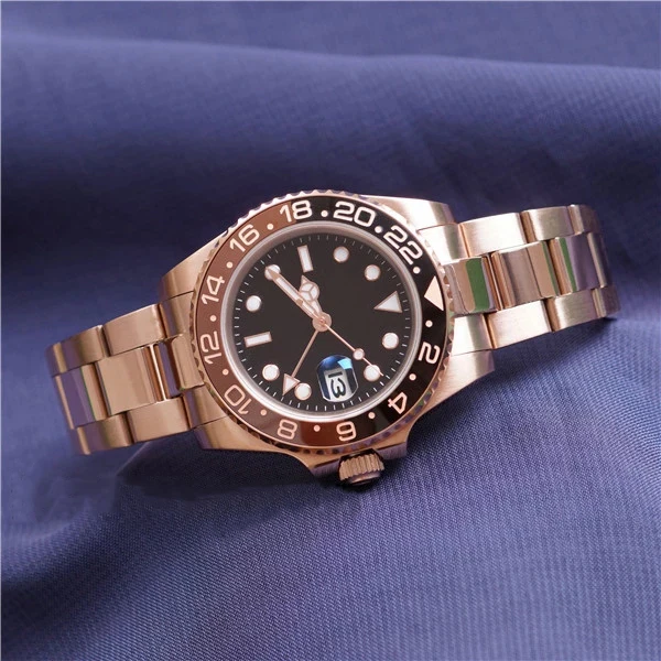 

Classic New Men Automatic Mechanical Rose Gold Silver Black Ceramic Bezel GMT Stainless Steel Sapphire Luminous Watch