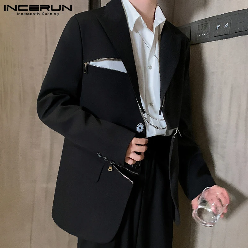 

INCERUN 2021 Autumn Men Casual Blazer Solid Color Lapel Long Sleeve Zipper One Button Suits Streetwear Fashion Thin Coats Men