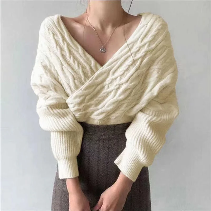 

Women Long Batwing Sleeves Sweater Plunging Neckline Solid Color Knitwear One Size Winter 2021