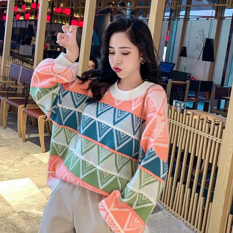 

women's new Korean diamond round neck Pullover Sweater lazy wind knitting students' foreign style outer wear women's autumn and
