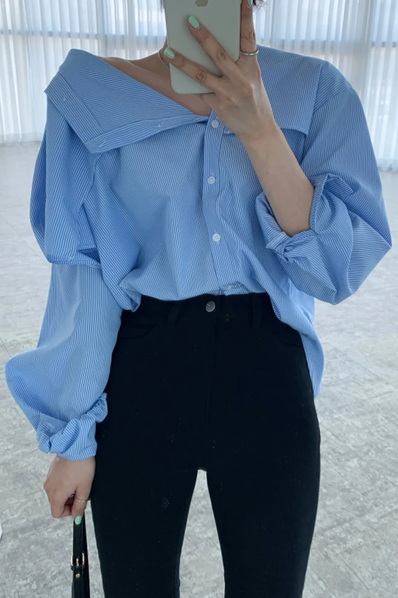 

ZCSMLL blue blouses Korean chic spring wild lapel design single-breasted loose long-sleeved striped shirt top women 2021 summer