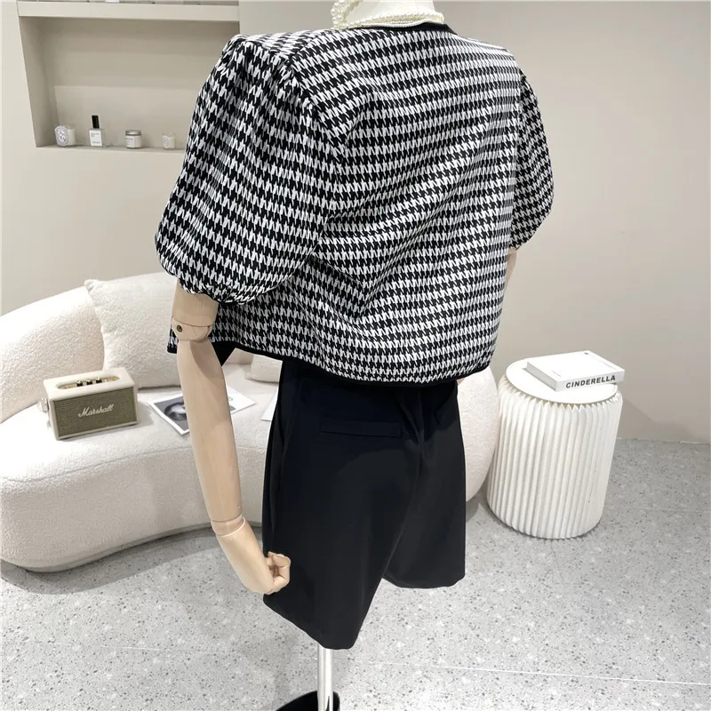 

New Women's Clothing 2021 Summer Sling Plaid vest Lantern Sleeve short coat High waist and wide leg shorts Three piece set