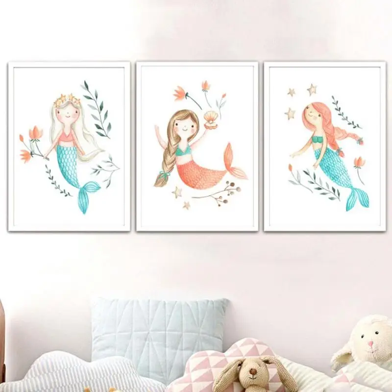 

Cute Cartoon Art Painting Mermaid Girl Flower Pearl Nordic Canvas Posters And Prints Wall Pictures For Girls Kids Bedroom Decor