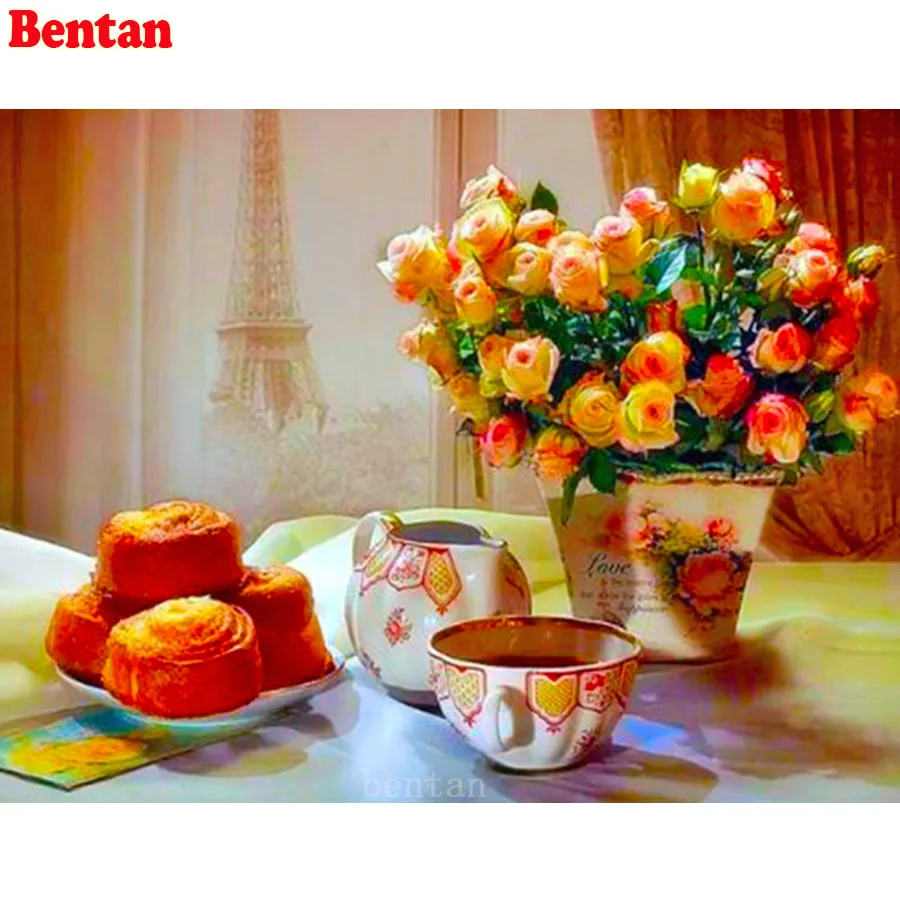 

Full Square Diamond Painting Rose flower bread coffee Picture DIY round Diamond Embroidery Of Rhinestone Diamond Mosaic decor