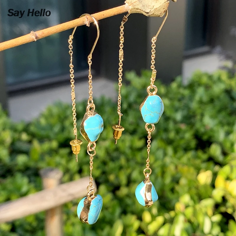 Серьги подвески SAY HELLO двусторонние серьги из бирюзы с металлическими бусинами