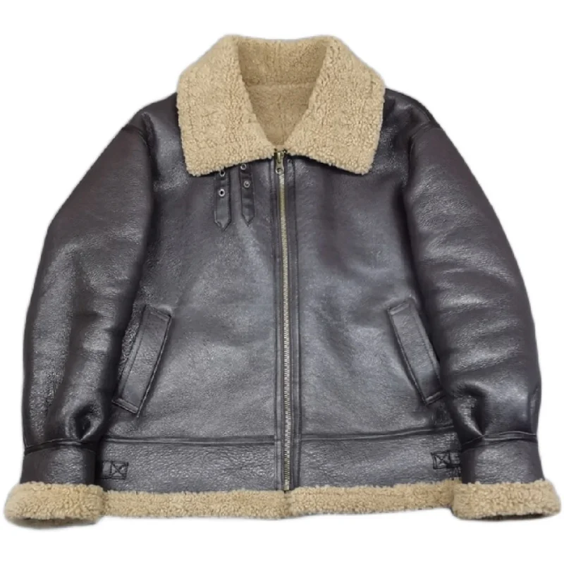 

2021 Dark Brown Military Style B3 Bomber Genuine Shearling Jacket Plus Size 6XL Real Natural Sheepskin Russian Winter Thick Coat