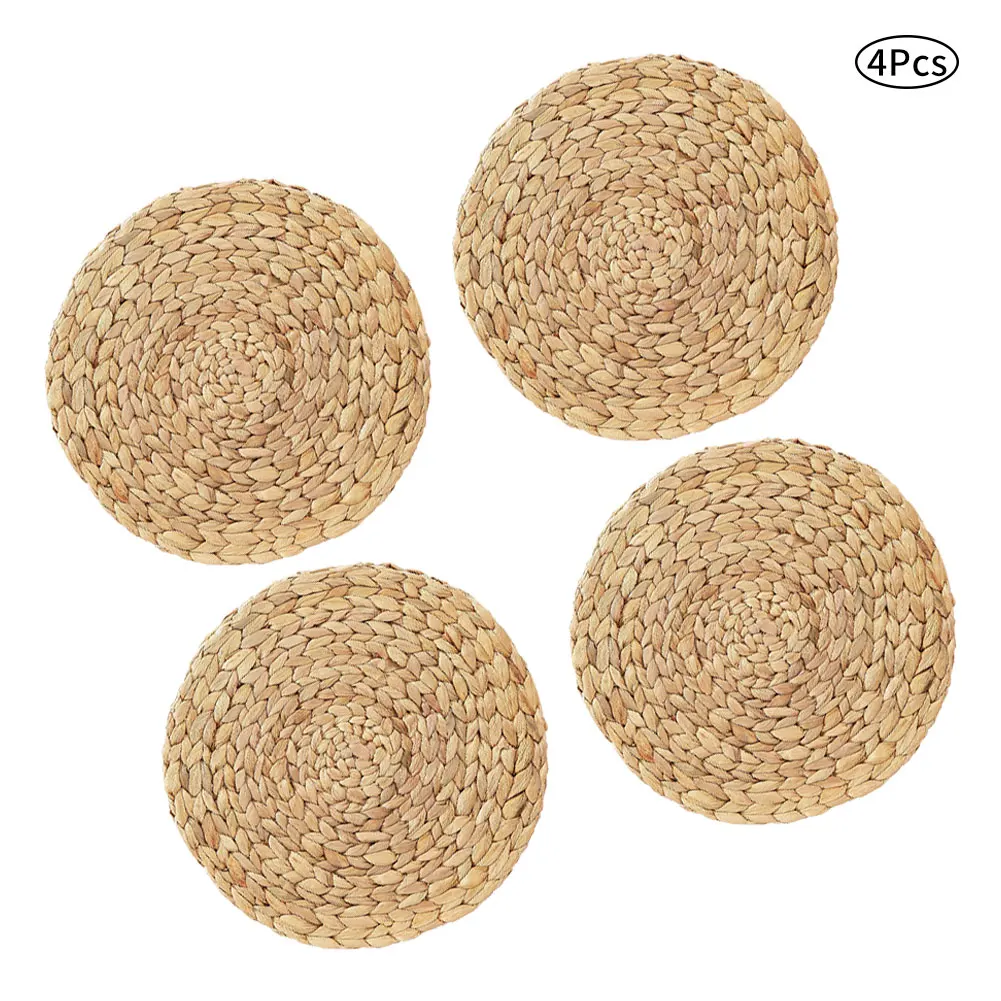 

4PCS Natural Table Mat Round Woven Placemats Anti-Slip Heat-Resistant Water Hyacinth Straw Braided Hot Insulation Pad