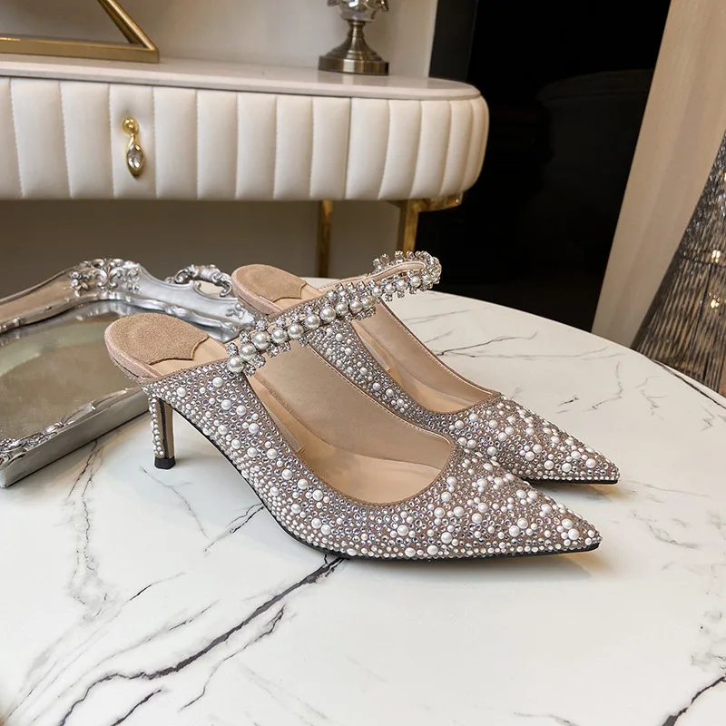 

Pointed water drill high heel shoes female 2021 summer word half bag drag wear pearl flat shoes