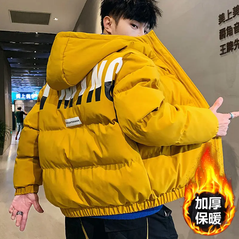 

2021 Winter Warm Cotton-padded Coats Men Letter Printed Thicken Jacket Fashion Gold Velvet Street Thick Parkas Hooded Outerwear