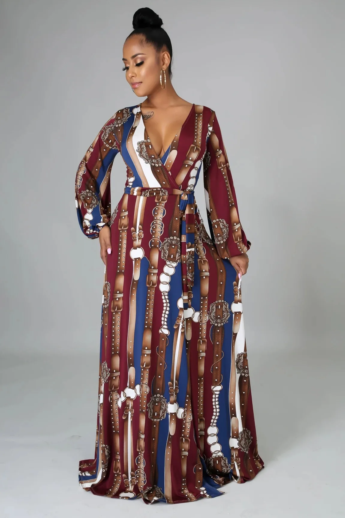 

Fashion Trend Dress Large Size Women's Sexy Deep V-Neck Sleeves Match Belt Digital Print Leisure Holiday Puzzle Long Skirt 2021