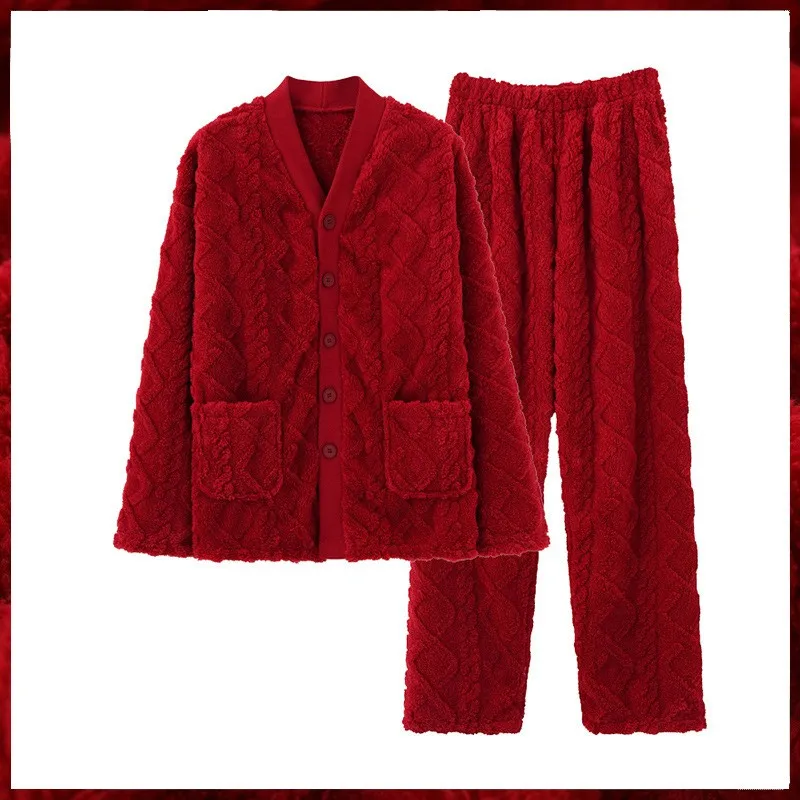 

Новинка зимняя фланелевая утепленная пижама из 2 предметов Мужская свободная Пижама красная Новогодняя плюшевая Домашняя одежда Повседнев...