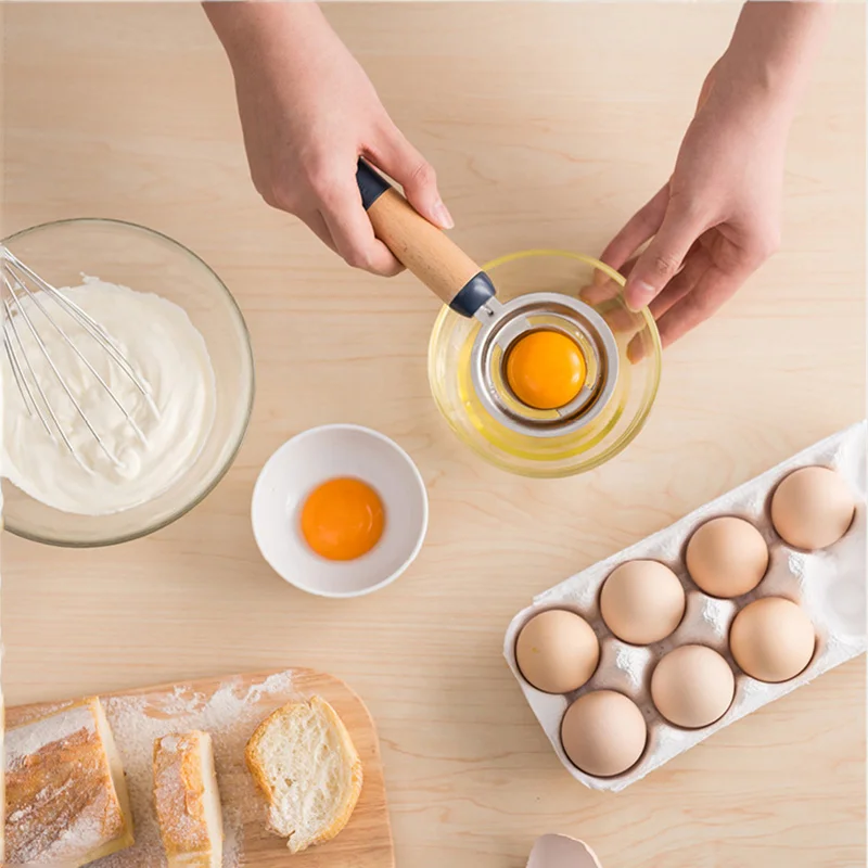 

Nordic Wooden Handle Egg Separator Stainless Steel Egg Yolk White Separator Home Kitchen Dining Cooking Egg Tools Kitchen Gadget