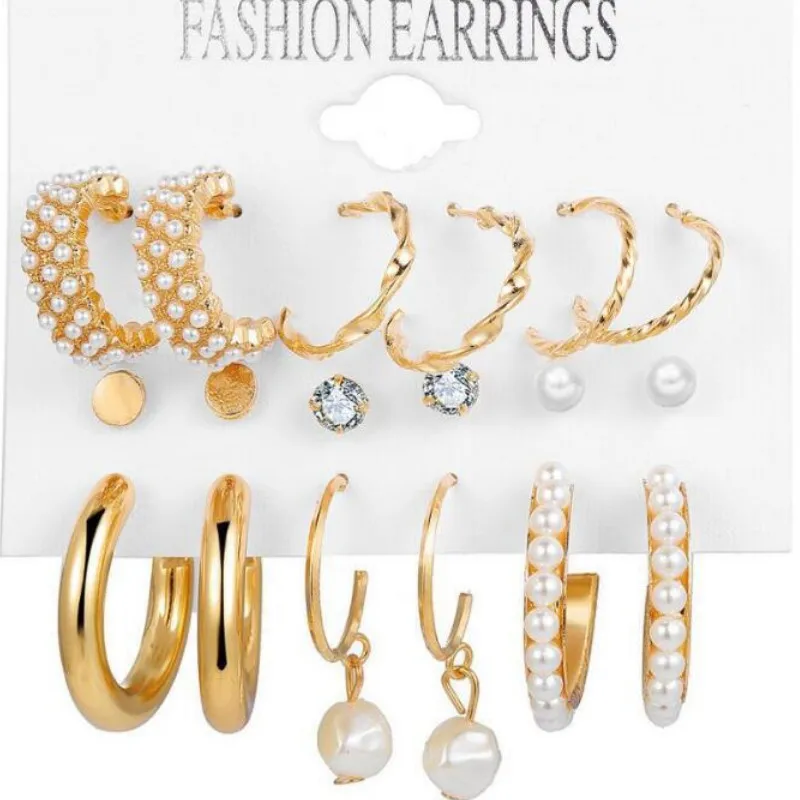 

2021 new Zircon Temperament Geometric Pearl Earrings Set for Women Ear Jewelry Gift 6 Pcs/set