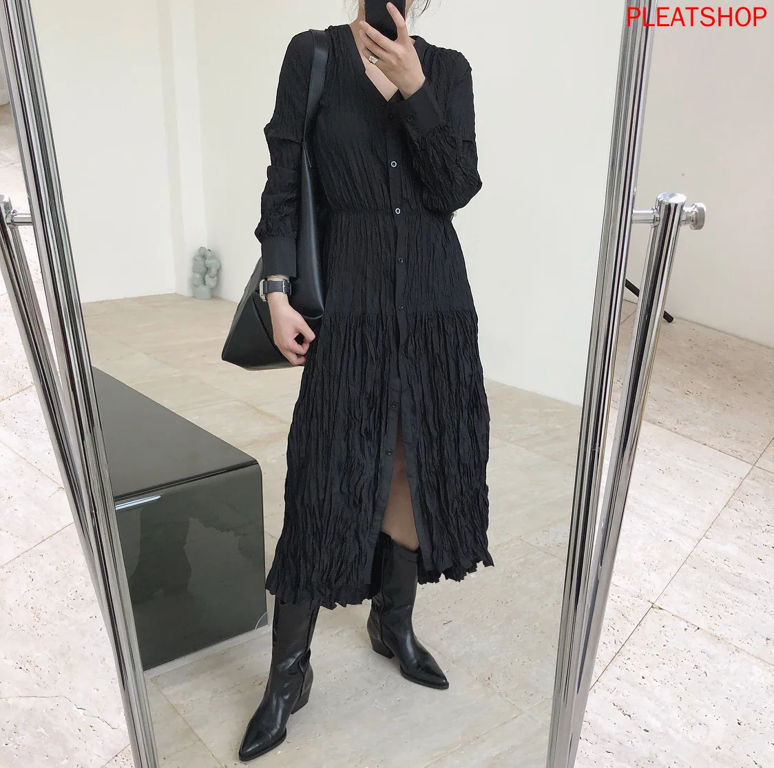 

Early Autumn New French Retro Blogger Style V-neck Pleated Dress Waist Hugging Slim Irregular Texture Long Vestidos Women