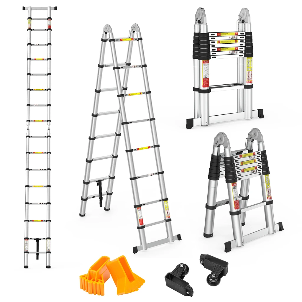 

5M Portable Heavy Duty Multi-Purpose Aluminum Folding Telescoping A-Frame Ladder with Hinges for Home Loft Office