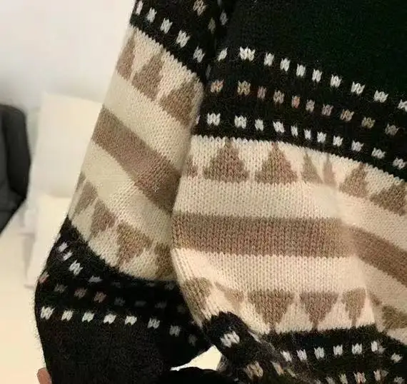 Новый зимний теплый ретро-свитер свободного кроя с контрастным геометрическим