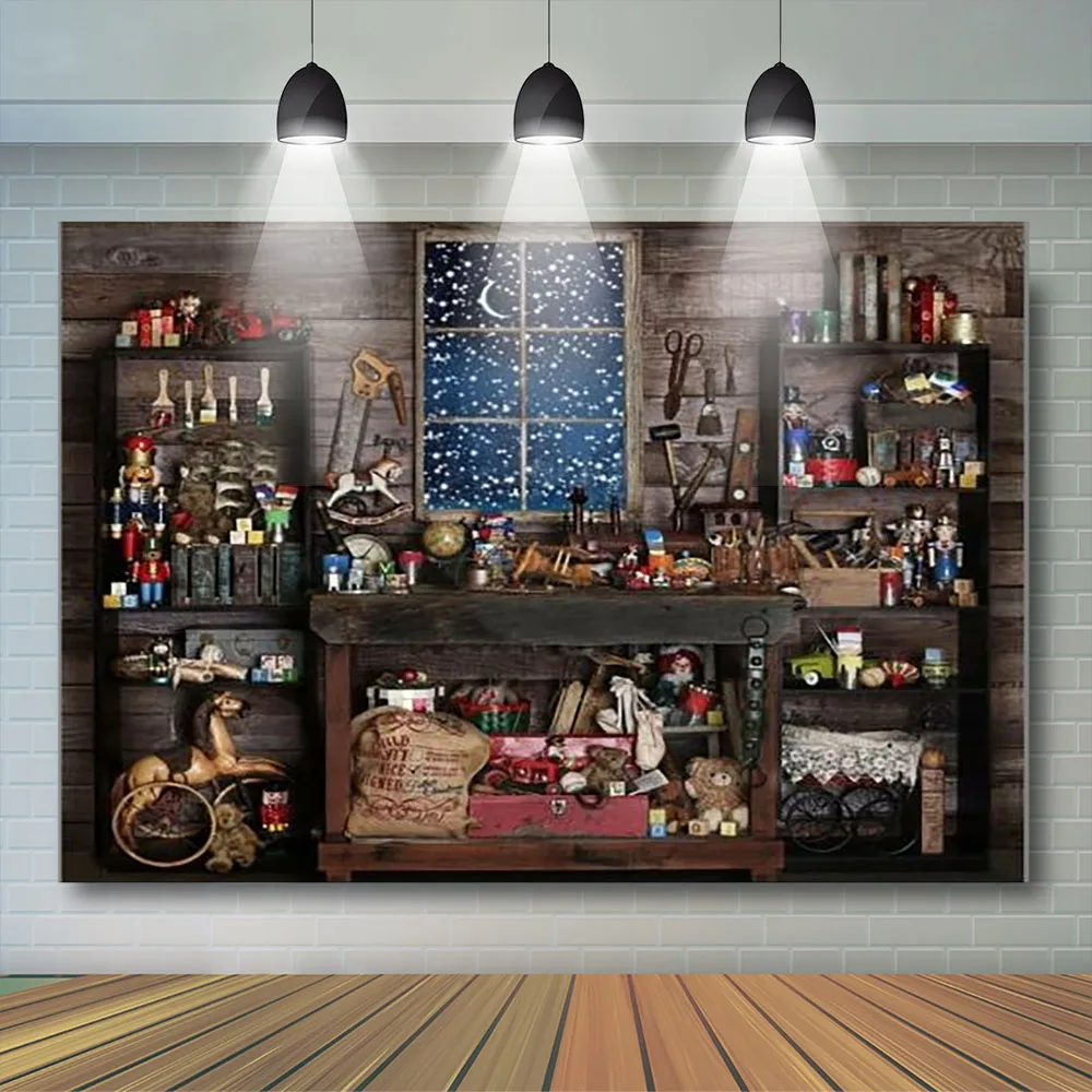 

Christmas Store Shop Snow Window Wood Shed Mechanic Tools backdrops polyester or Vinyl cloth Computer print Backgrounds