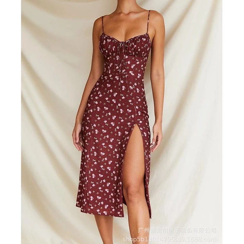 

WEPBEL Dress Women's Sexy Pleated Dress Summer Fashion V-neck Floral Print Backless Spaghetti Strap Lace Up Slit Dress