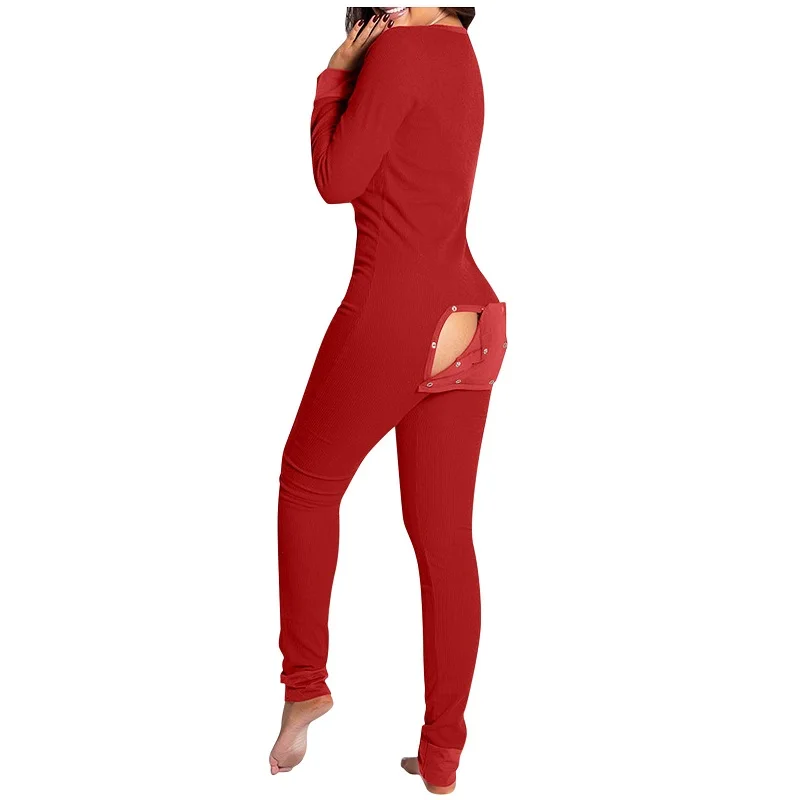 Sexy Christmas Pajama for Women New Year Jumpsuit Button-down Front Back Butt Bum Open Ass Flap Xmas Print Loungewear |