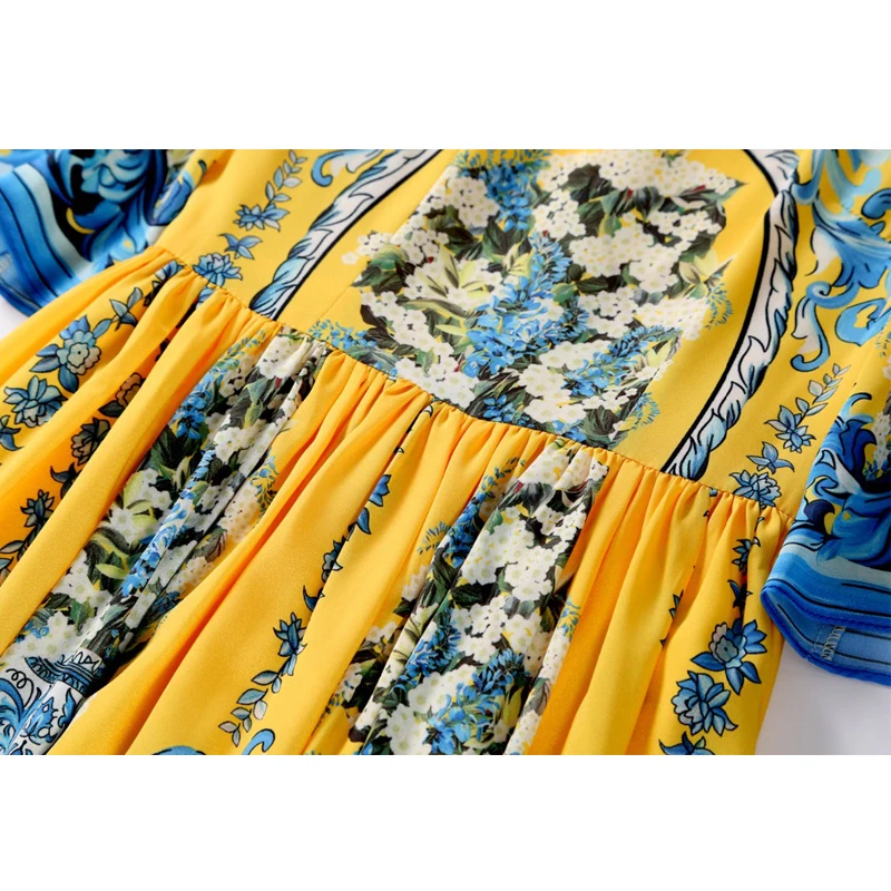 SEQINYY Long Dress 2020 Spring Autumn New Fashion Design Women Half Flare Sleeve Flowers Printed Vintage Elegant Yellow | Женская одежда