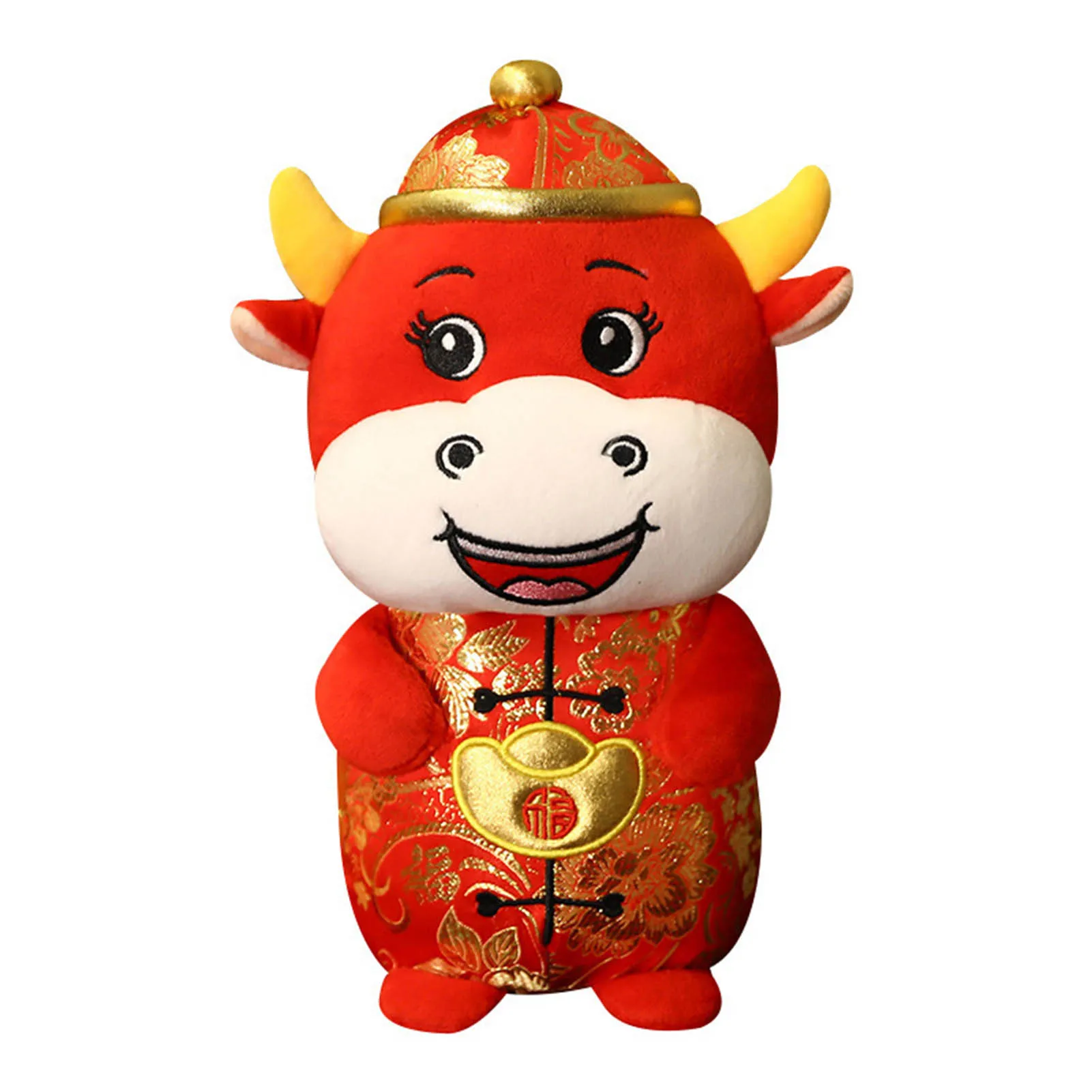 

2021 Chinese New Year Cute Dress Mascot Plush Red Cow in Tang Suit Soft Toy