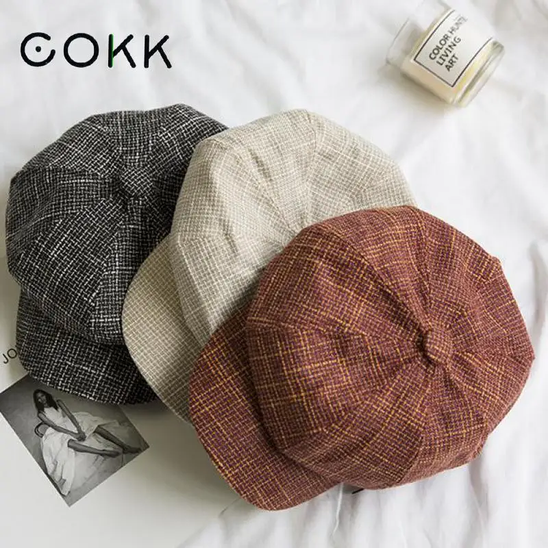 

COKK Women Hat Octagonal Cap Korean Vintage Painter Hat Beret Female Sunshade Vintage Bonnet Retro Newsboy Cap 2022 New Fashion