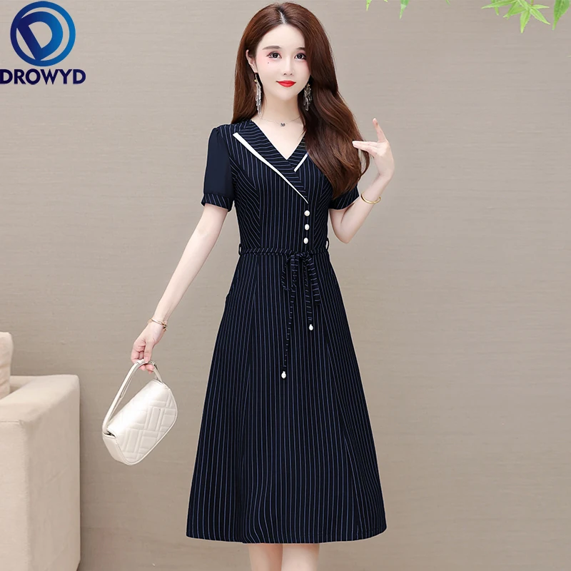 

Summer Beach Striped Print Chiffon Dress Women 2021 Fashion Short Sleeve V-neck Bodycon Dress Elegant Boho Party Dress Vestidos