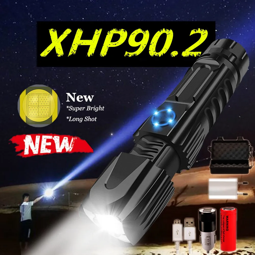 Самый мощный фонарик XHP90.2 Xlamp тактический USB Перезаряжаемый фонарь