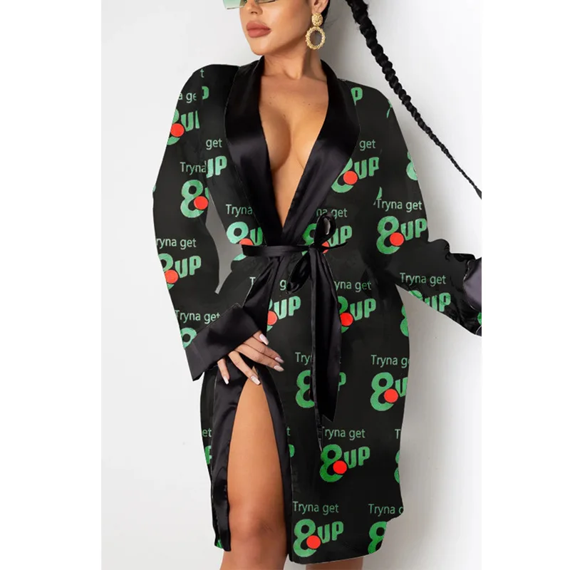 

2021 Cute Printed Satin Robes for Women Lingerie Sleepwear Sexy Night Gown Home Clothes Pijama Feminino Lounge Wear Kimono