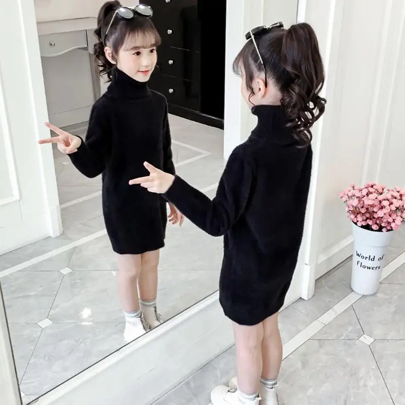 

2020 Autumn Winter New Girls Plus Velvet Knitted Dress Solid Color Kids Turtleneck Sweater Dress Long Slim Girls Dresses K193