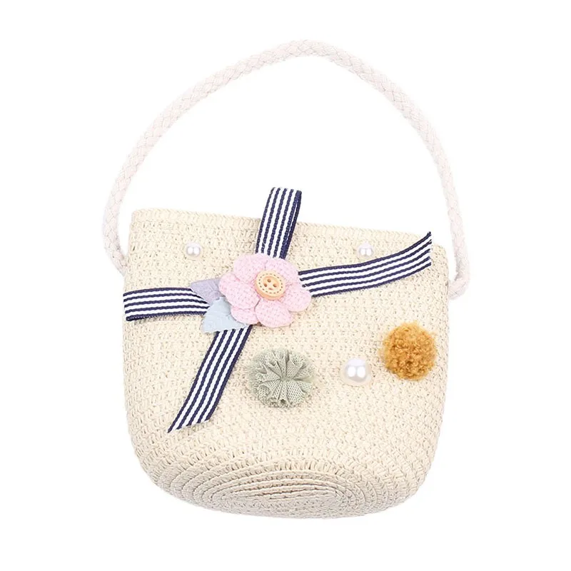 

Girls Hand Woven Bag Flower Bowknot Beads Handbag Rattan Straw Children Kids Bohemian Crossbody Bags Tote