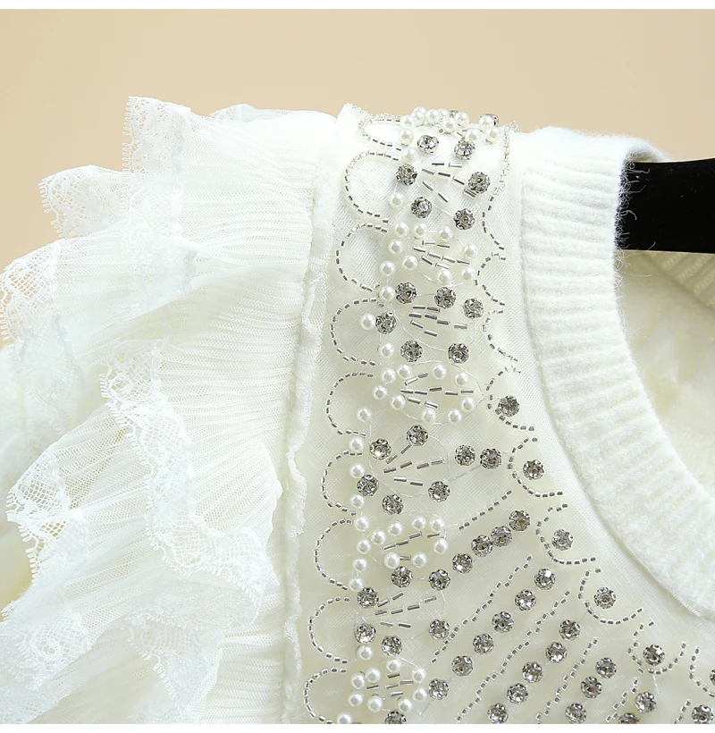 

Sweet Beaded Long Knit Sweater for Women 2020 Winter Lace Pleated Straight Pullover Mid-Length Sweaters Girls Lady Loose Tops