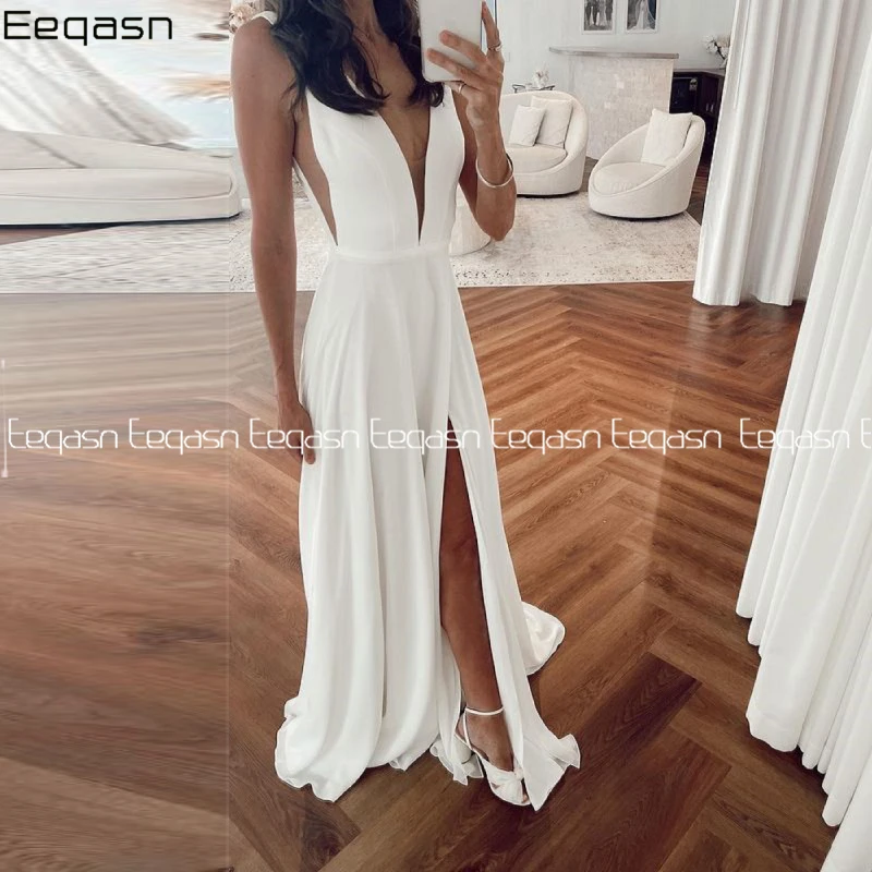 

Сексуальные вечерние платья с глубоким V-образным вырезом 2024, женское шифоновое вечернее платье с разрезом для свадьбы, длинное официальное платье макси без рукавов для торжества