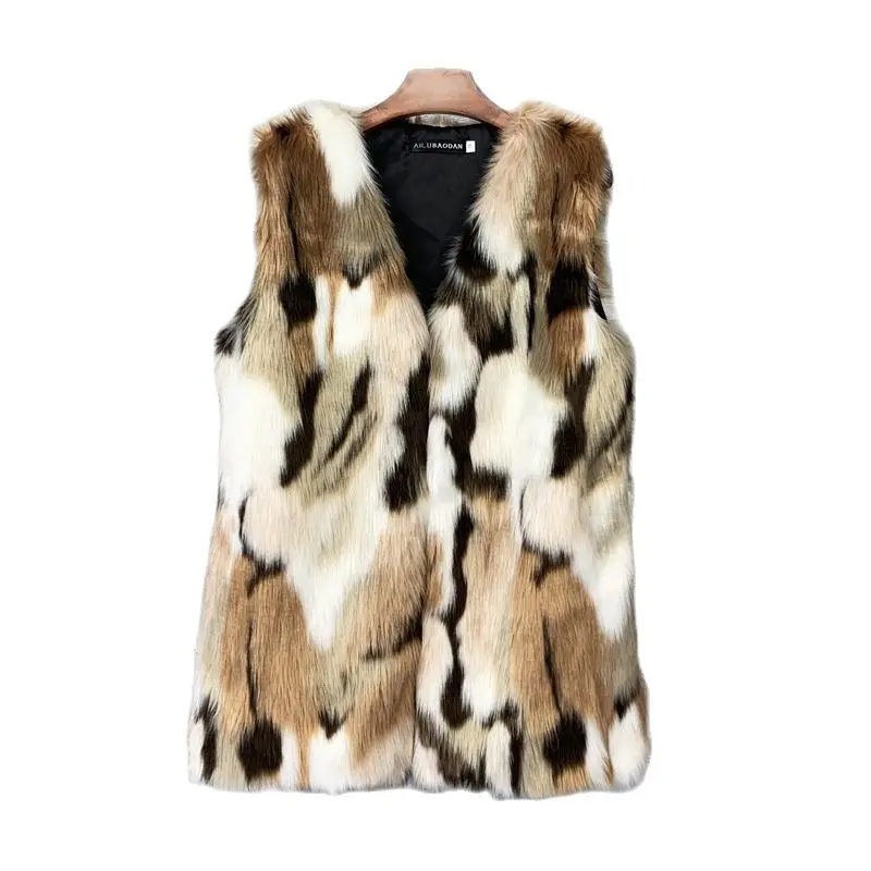 

European and American Faux Fox Fur Stitching Contrast Color Winter Mid-Length Faux Fur Vest Warm Women's Vest Coat Soft