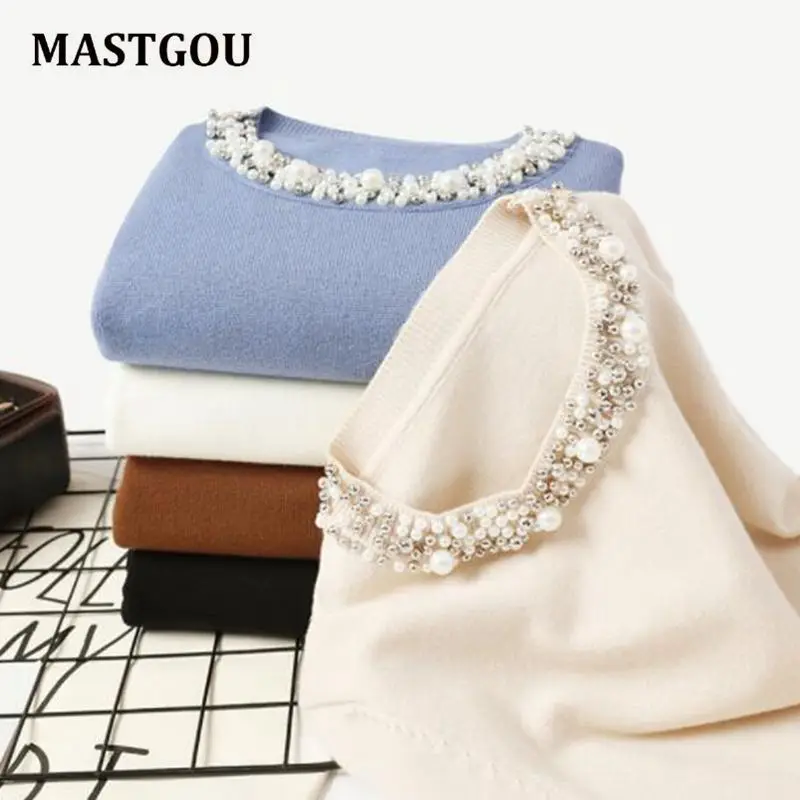 

MASTGOU New Fashion Autumn Winter Women's Sweater Beading O Neck Pullovers Soft Knitted Female Jumper Top Jacket Outfits