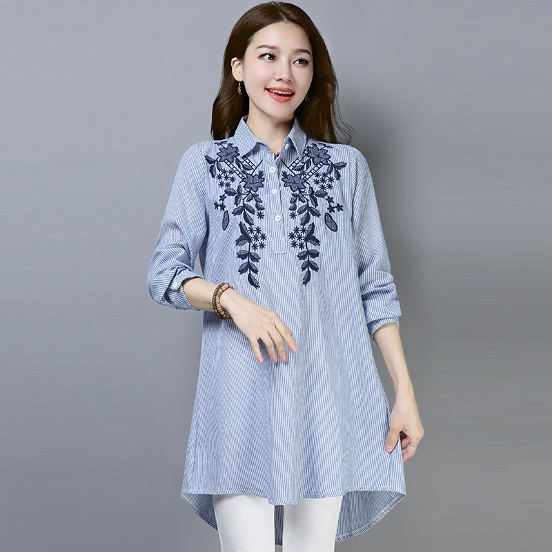Women Vintage Cotton and Linen Stripe Shirt Fashion 2020 New Long-sleeved Lapel Shirt Embroidery Pockets Blouse Tunic Tops