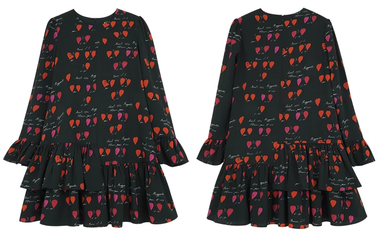 L~ 4XL 5XL гофрированное Платье с принтом в виде сердца раннее осеннее платье с длинными рукавами трапециевидной формы длиной до колена AOFULI A4089