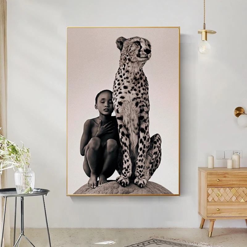 

Boy and A Cheetah Canvas Painting Wild African Animal Posters and Prints Wall Art Picture for Living Room Home Decor Cuadros