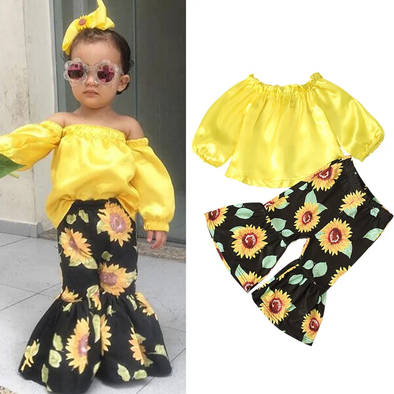 

Girl Clothing Set Fashion Girl Long Sleeve Off-Shoulder Top + Sunflower Print Flare Pants 2 Pieces Girl Clothing