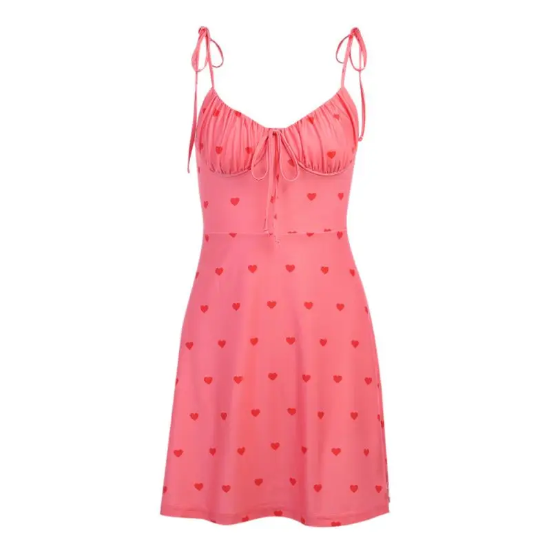 

Women Sleeveless Lace-Up Strap Sweet Heart Print Mid Dress Bandage Ruched Chest Sexy Backless High Waist Sling Clubwear